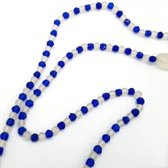 Vintage Glass Bead Tassel Necklace 31" Long Blue Clear Beads For Elegant Style - Picture 11 of 11